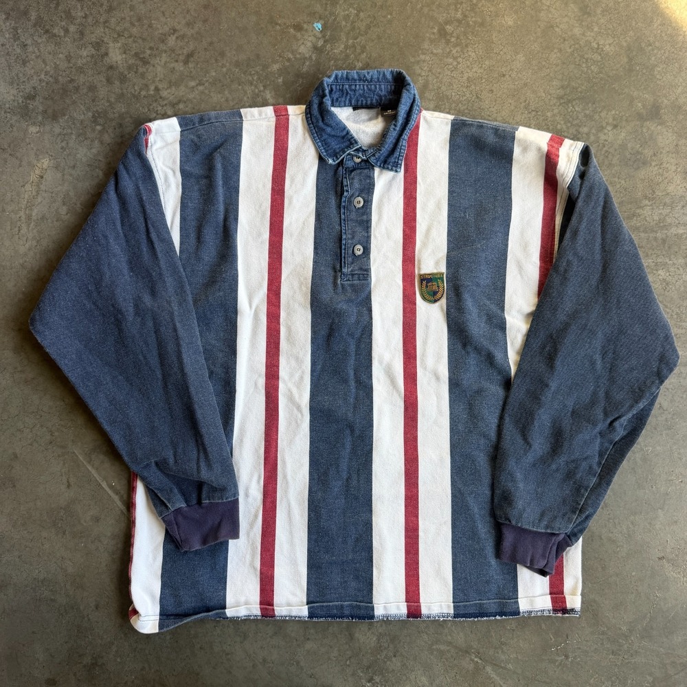 Vintage 90s Structure Rugby Shirt Mens Medium Striped Denim Collar USA Made
